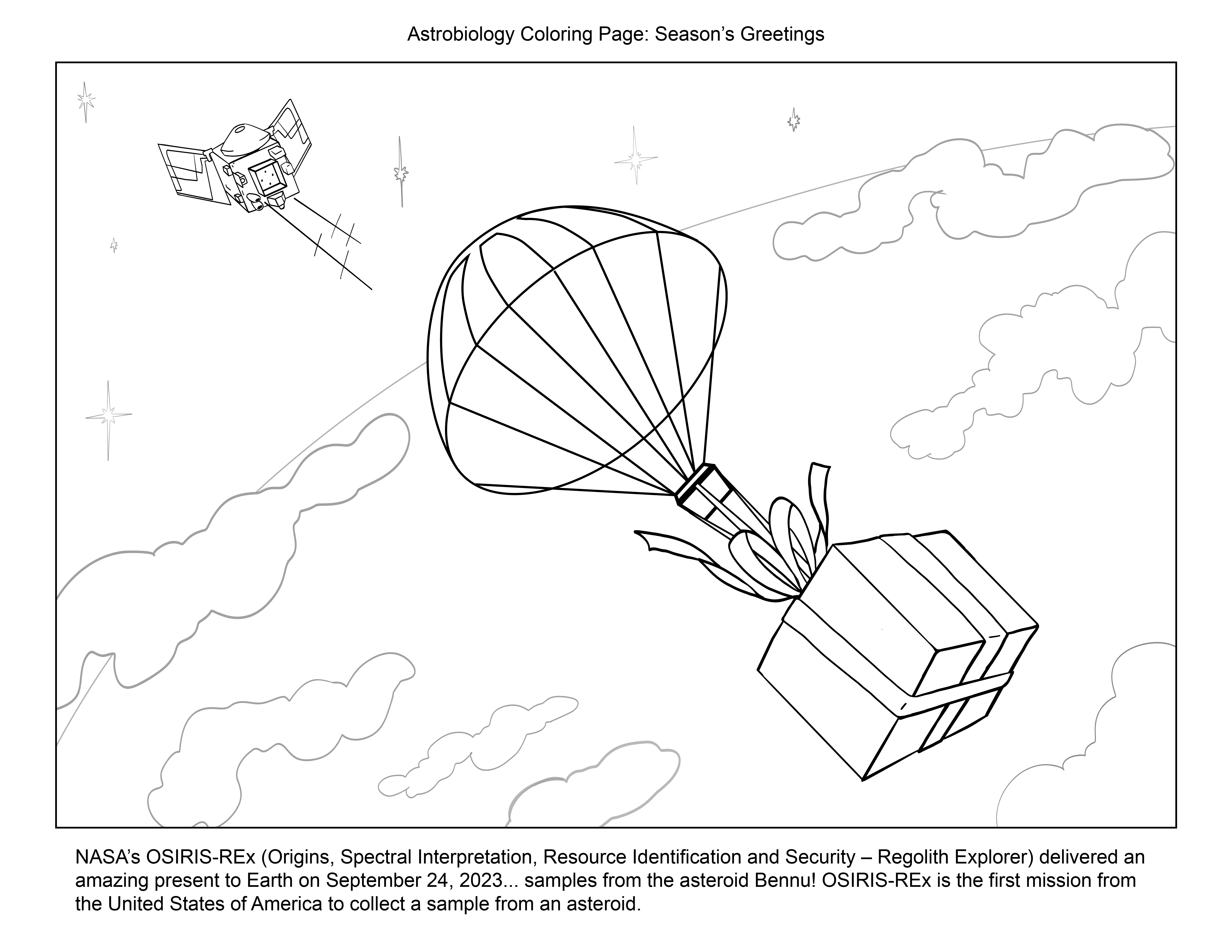 A black and white drawing of OREx delivering a present wrapped in a bow to Earth. The spacecraft is in the background with stars. The boxed gift descends in the foreground from a parachute past clouds and the arch of the Earth's horizon.