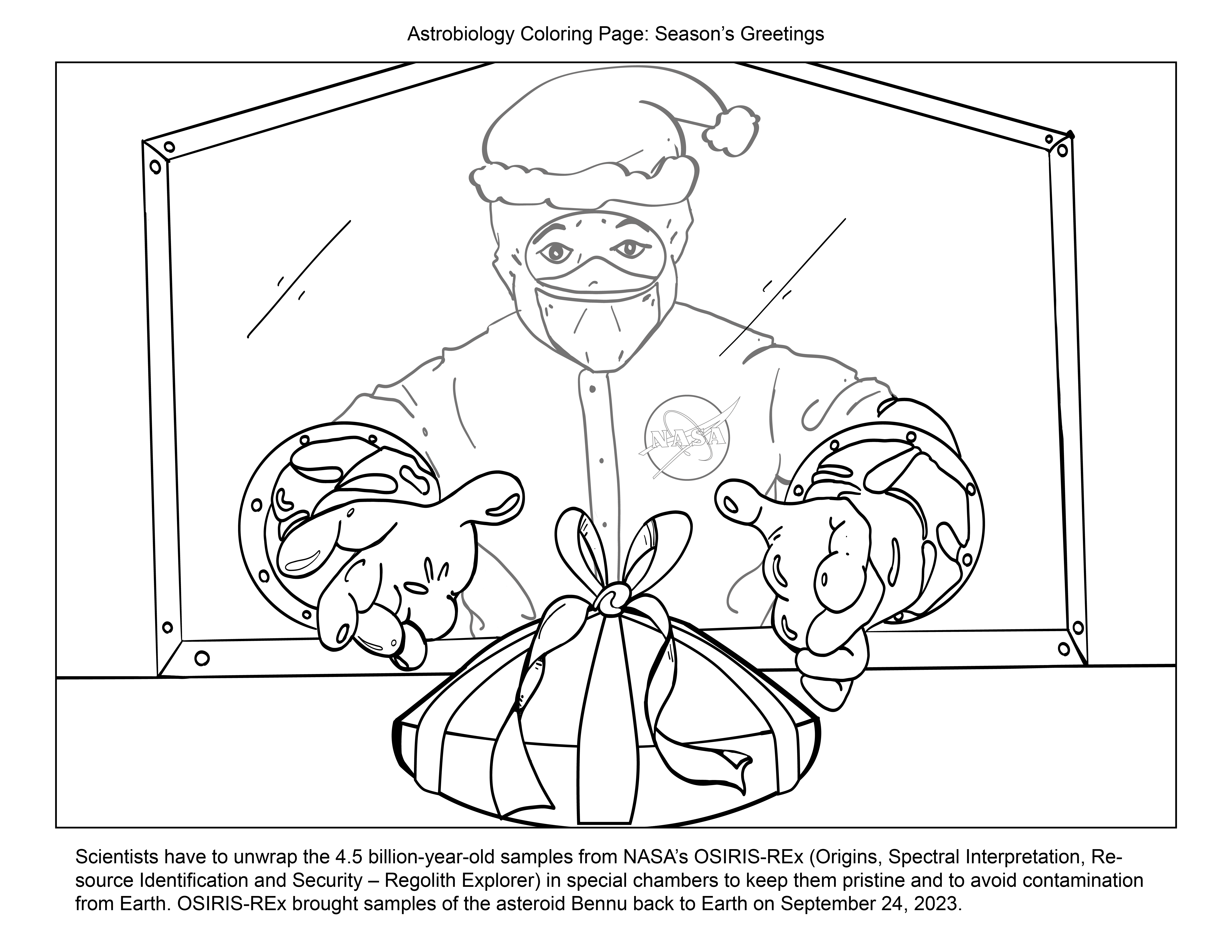 A black and white drawing of a scientists reaching into a sterile chamber to unwrap a bow from around the OSIRIS-REx capsule. The view is from inside the chamber. The scientist faces forward, reaching out to the capsule in the foreground.