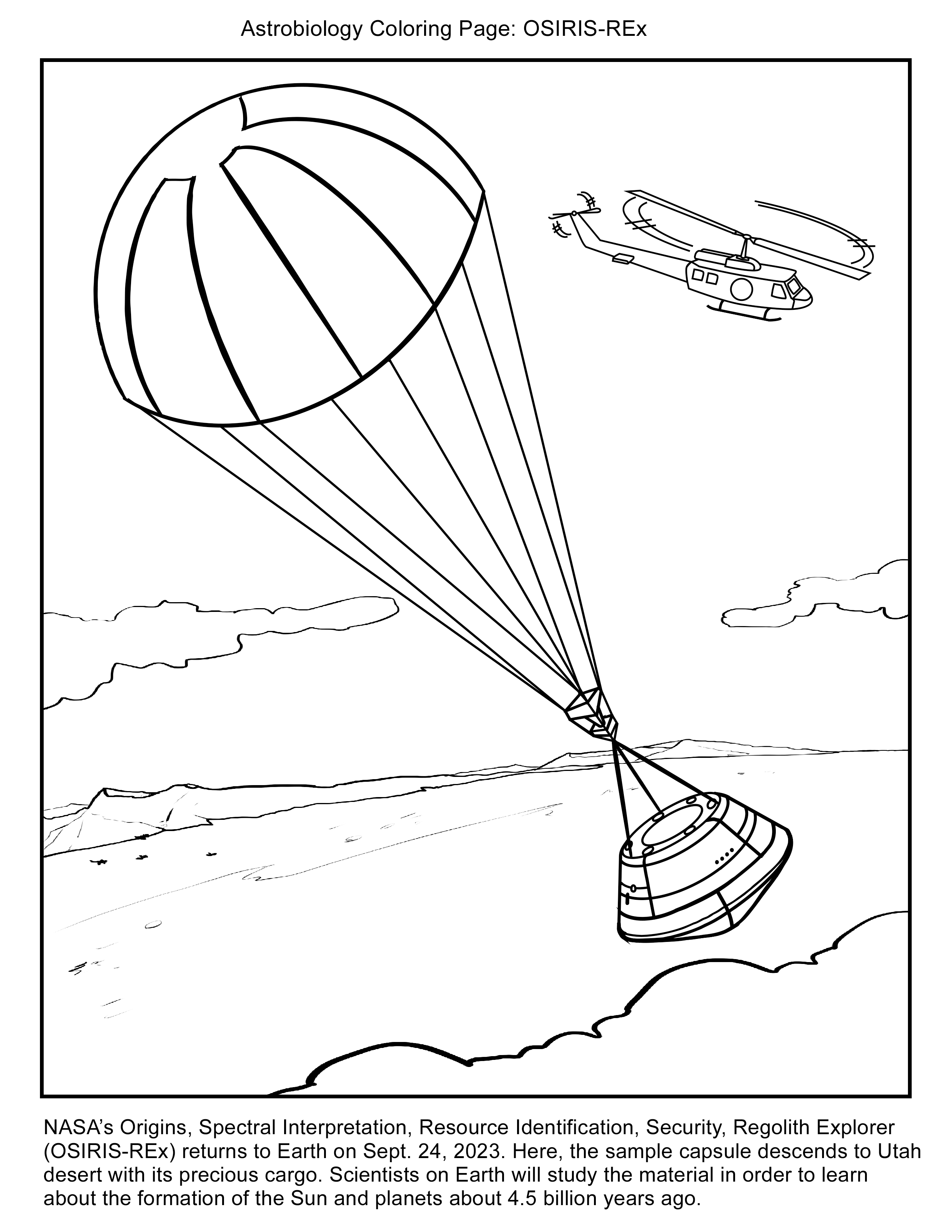 The OSIRIS-REx sample capsule fills the page, suspended from a parachute and drifting to the desert below. A helicopter can be seen in the background.