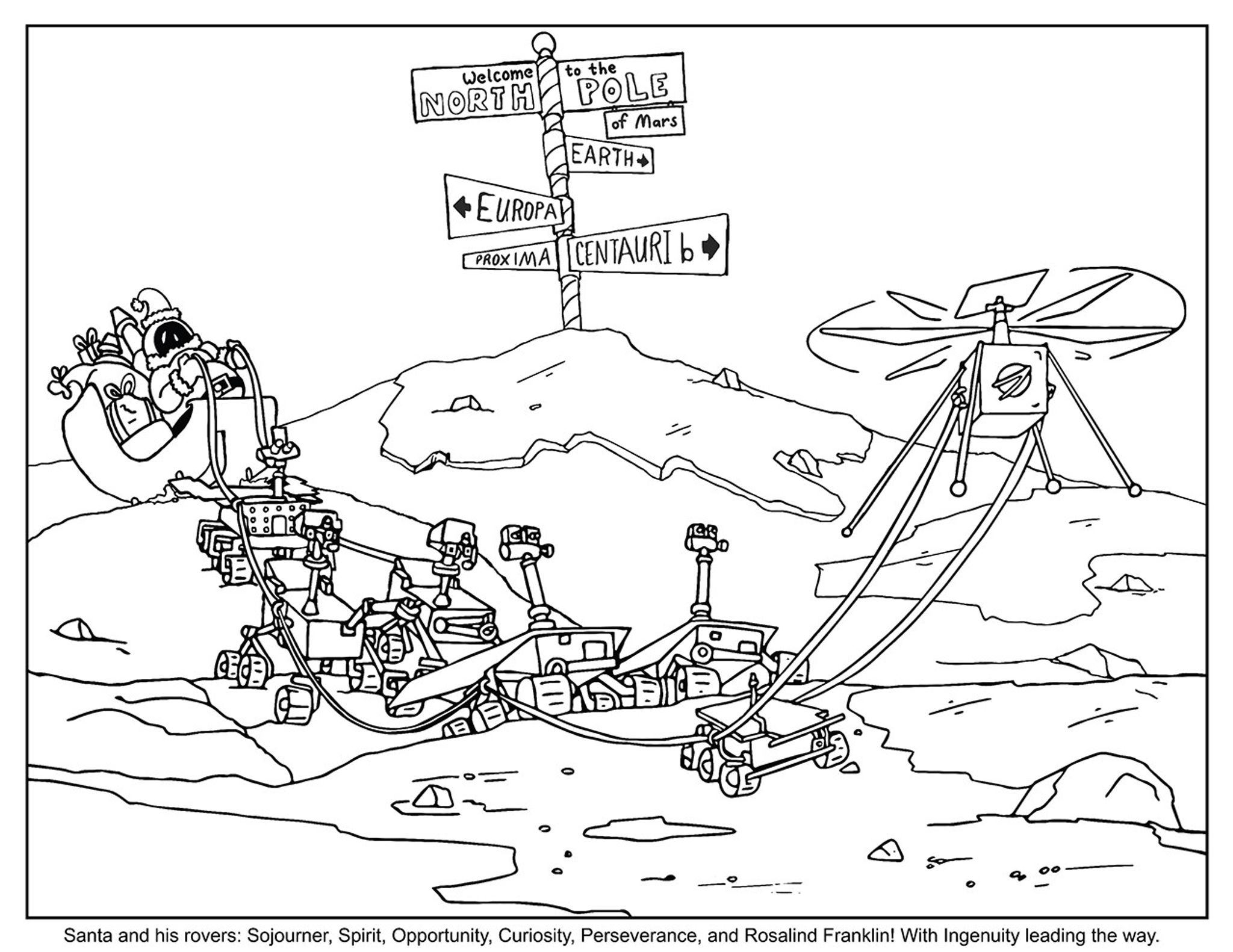 Santa and rovers, (from front to back) Sojourner, Spirit, Opportunity, Curiosity, Perseverance, and Rosalind Franklin, with Ingenuity leading the way!