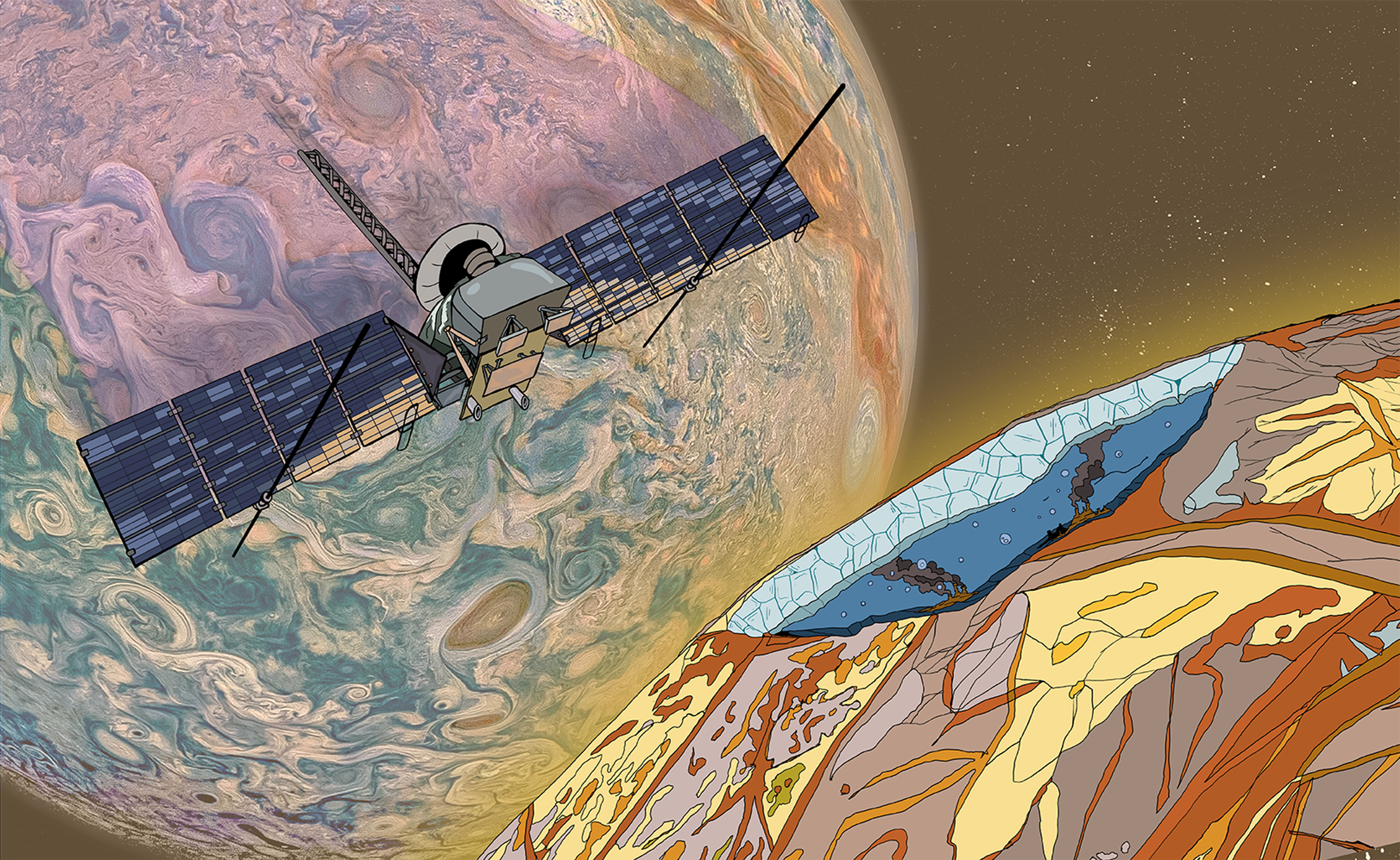 In the style of comic art, Europa clipper flies toward Europa, which appears as a quarter circle in close-up in the bottom left. A cutaway of the moon&#039;s surface reveals it&#039;s icy shell and an ocean beneath. Hydrothermal vents are visible. An altered image of Jupiter looms large in the background.