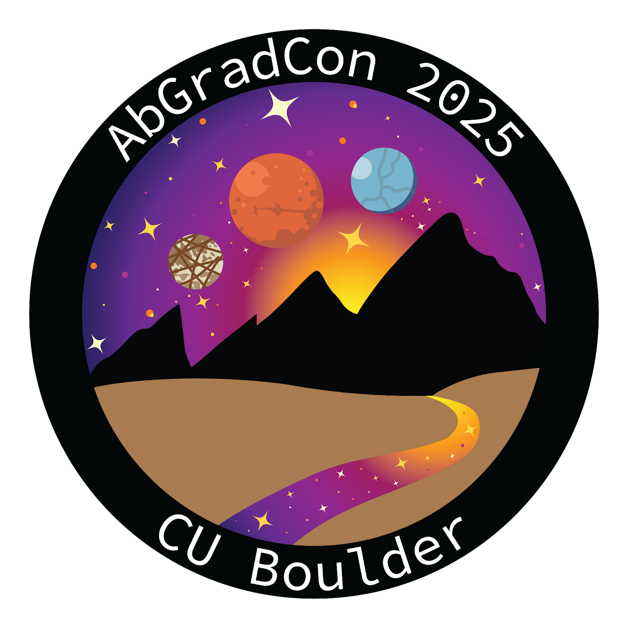 Circular logo with mountains and a sky full of stars and planets. The text around the logo is AbGradCon 2025, CU Boulder.