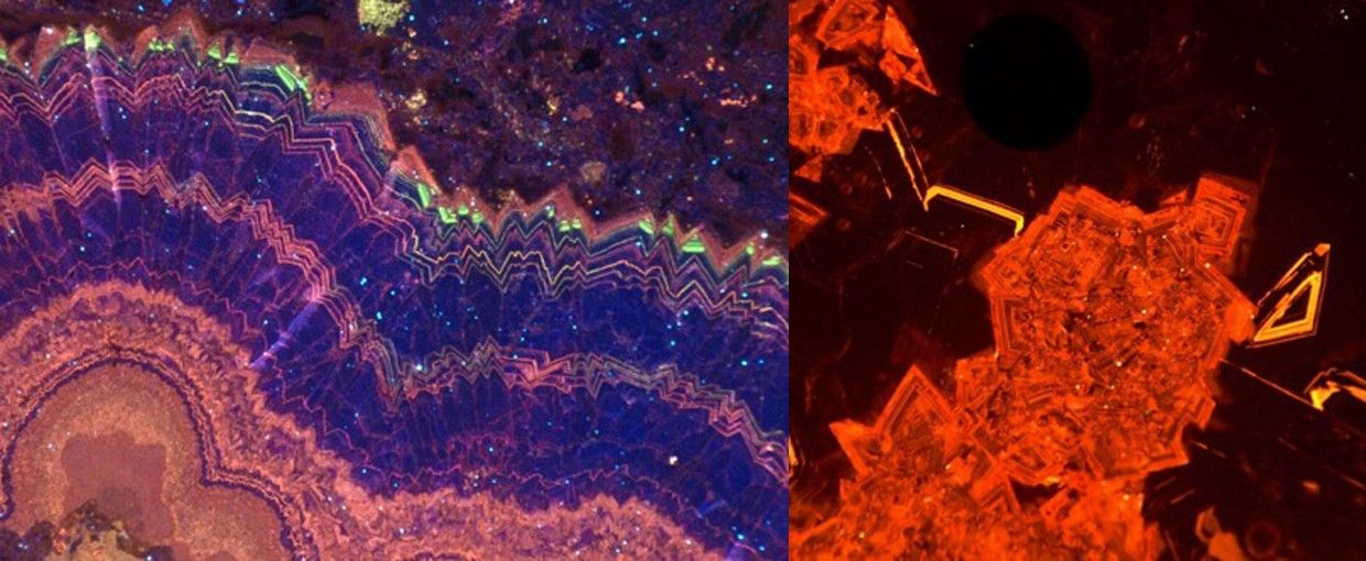 A collage of 2 images. On the left is dolomite marine cements. On the right is Devonian shallow marine carbonates.
