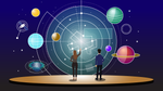 Two researchers looking at a large screen with planets, mapping out a strategy.