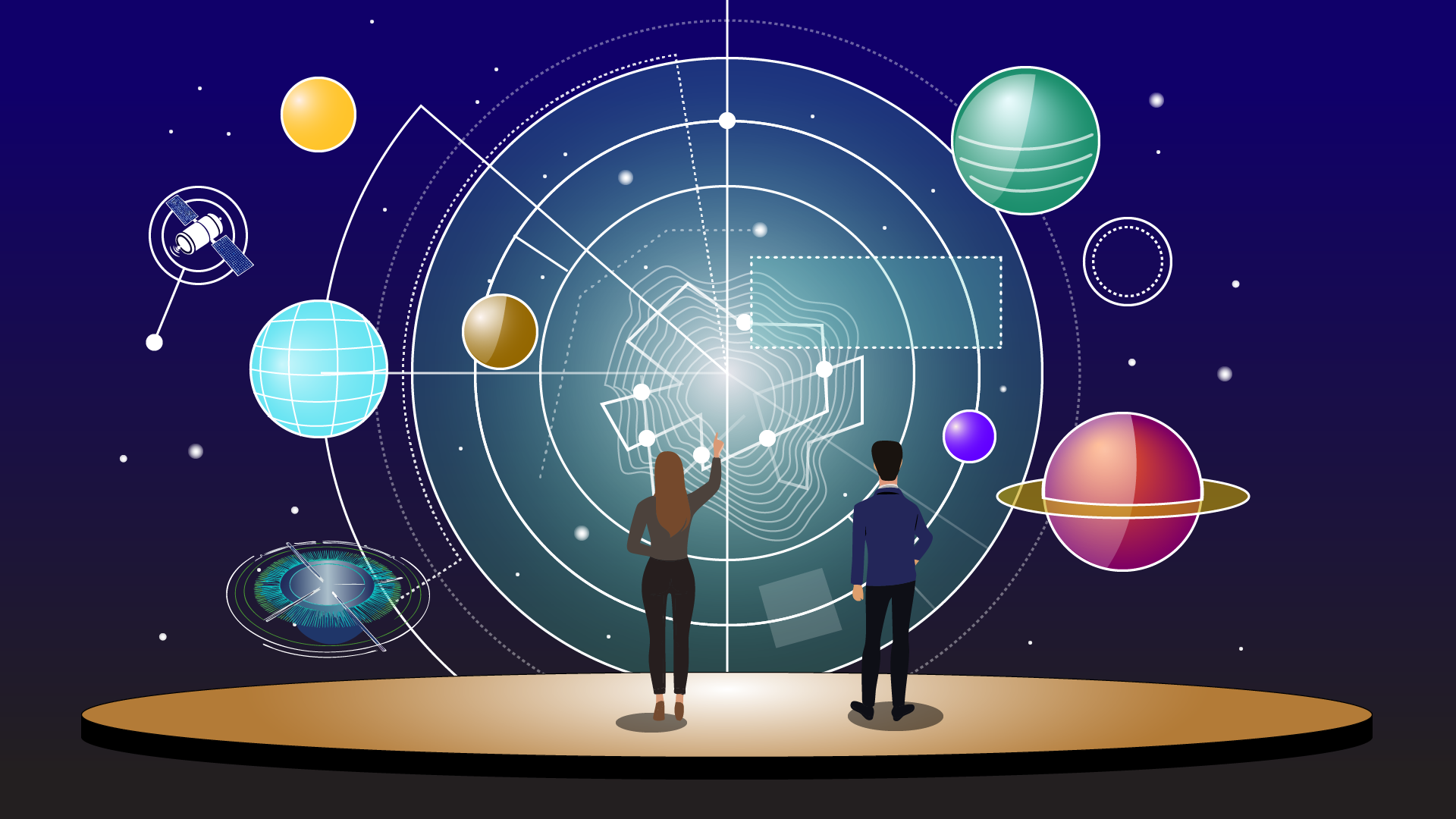 Two researchers looking at a large screen with planets, mapping out a strategy.
