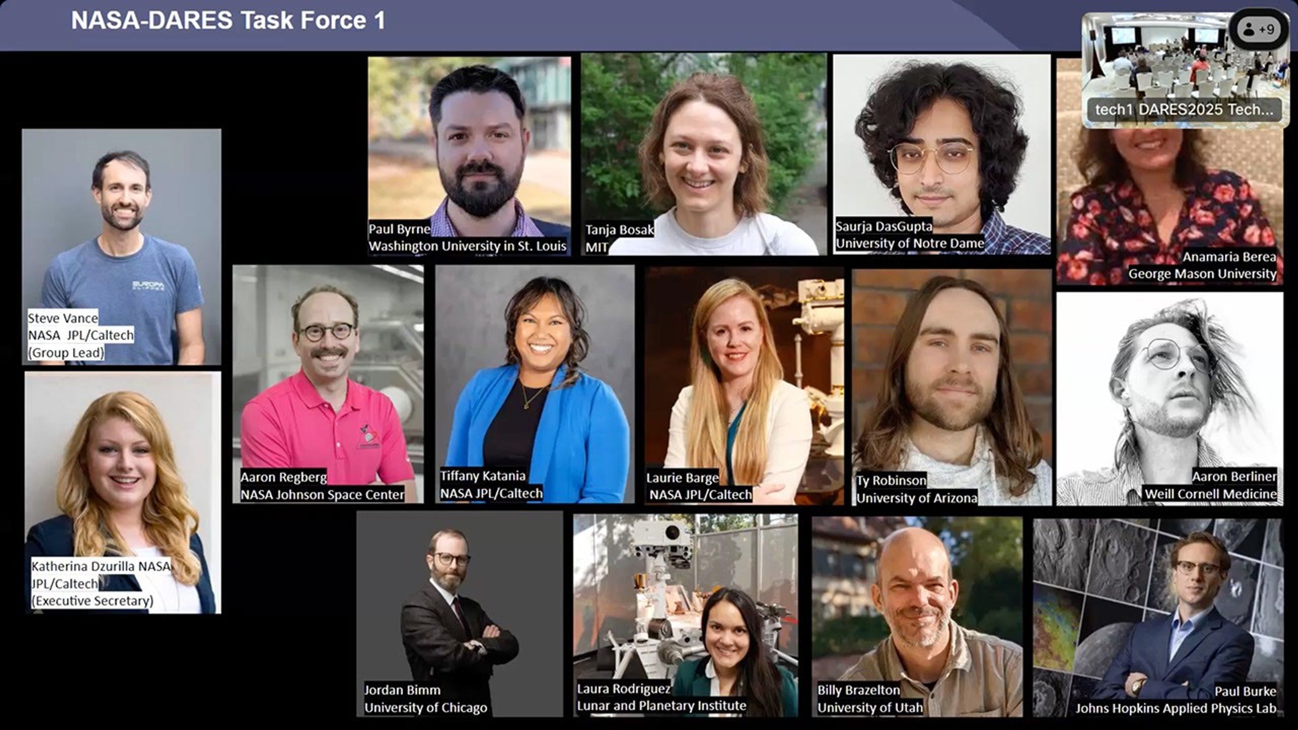 15 profile pictures of people and a shot of a meeting room taken from a video conference.