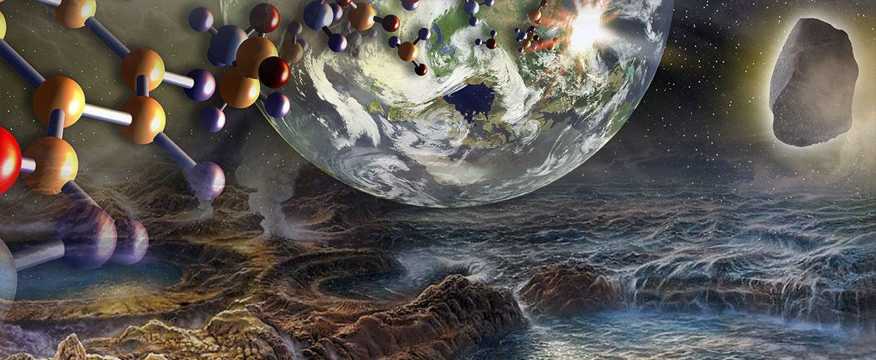 This image is a collage with a chain of molecules starting at right and fading to top center where they meet a flash of light on the surface of the Earth. Half of the planet Earth hovers in top center. Top right is an asteroid lit from behind by glowing yellow light. The bottom of the image shows the surface of a barren, ancient Earth with rocky craters. Some craters are filled with water from waves on an ocean to the right. Above the ocean and filling the rest of the background of the image is a starry sky.