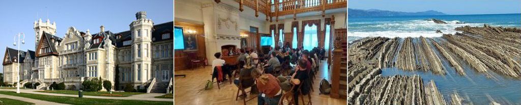 A trio of images from the International Summer School in Astrobiology. The first shows the building from the outside. The second is a group of people seated in an ornate foyer watching a presentations. The third is of a geological formation on the shore of the sea.