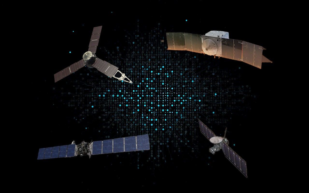 4 solar system probes over a matrix of numbers representing digital information.