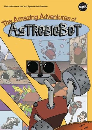A robot with wheels for arms is in the foreground. In the background are various action scenes of the robot and other characters.