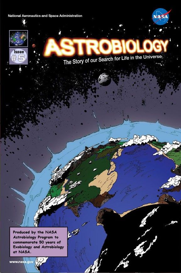 The Earth fills the bottom right of the image in exaggerated closeup. Mountains and forests can be seen on the continents. A light blue atmosphere surrounds the planet and fades to purple against the starry background.