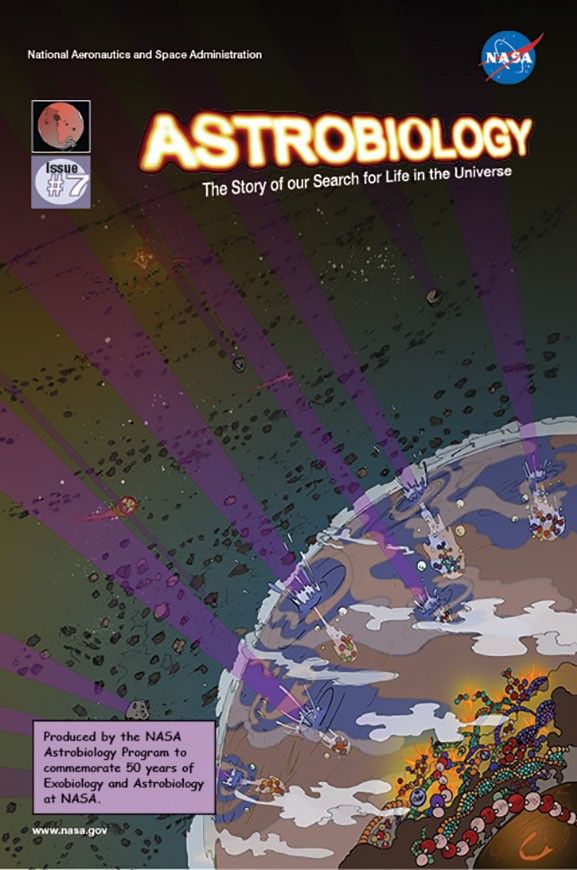 The image shows a portion of the prebiotic Earth in close-up in the bottom right. Molecules and rocky debris fall from space through the atmosphere. On the surface, prebiotic molecules are forming. The background is filled with debris orbiting a young sun