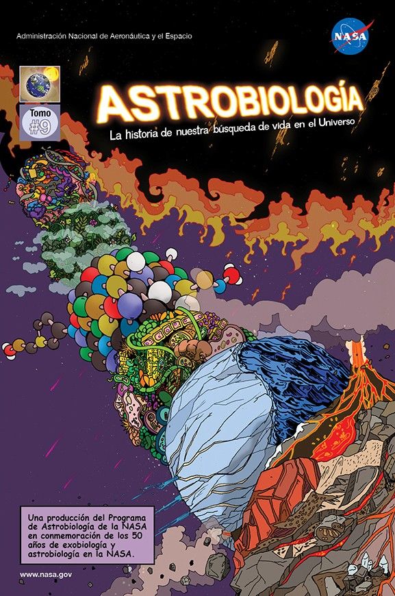 The cover of Issue 9 shows a series of planets representing disciplines of astrobiology. In front is geology, a rocky planet with volcanoes. An ocean world is half ice, half water. A microbial planet is a ball of cells. Chemistry is a ball of molecules.