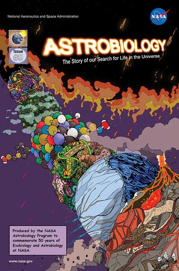 The cover of Issue 9 shows a series of planets representing disciplines of astrobiology. In front is geology, a rocky planet with volcanoes. An ocean world is half ice, half water. A microbial planet is a ball of cells. Chemistry is a ball of molecules.