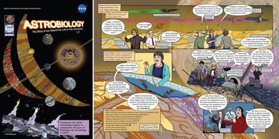 The left part of the image shows the cover of Issue 4. The title reads "Astrobiology: The Story of our Search for Life in the Universe." Crescents of Jupiter and Saturn can be seen agains a black backdrop. Moons of the giant planets float about in the darkness. The right of the image shows a two-page spread from the interior of of the graphic novel featuring Europa Clipper.