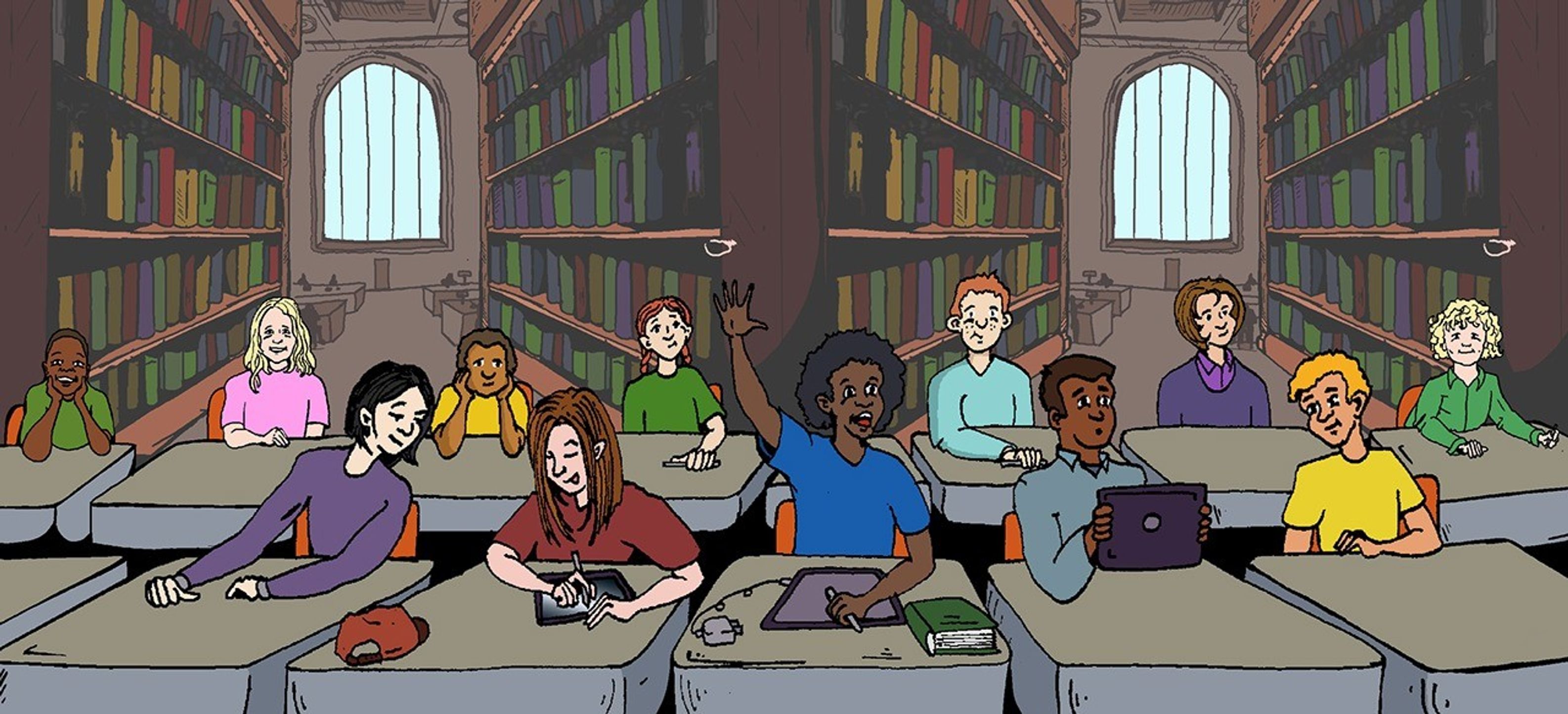 Many students sitting at desks in a library. One student raises their hand.