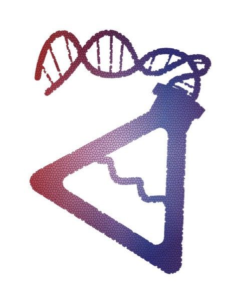 A cartoon-y purple to red gradient colored beaker shown, half full with a liquid substance, and with DNA strand coming out of the top.