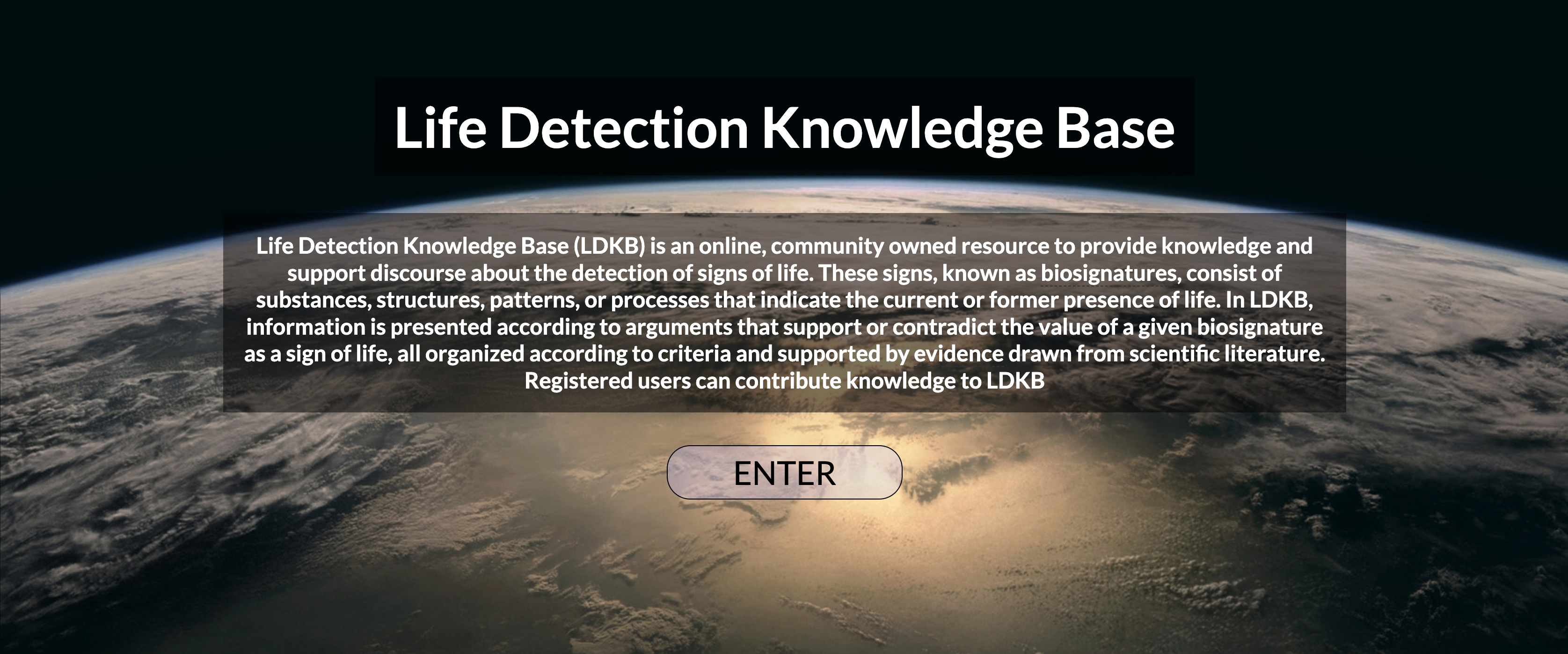 A screenshot of the landing page for the Life Detection Knowledge Base. Under the title there is descriptive text over an image of the Earth from orbit.