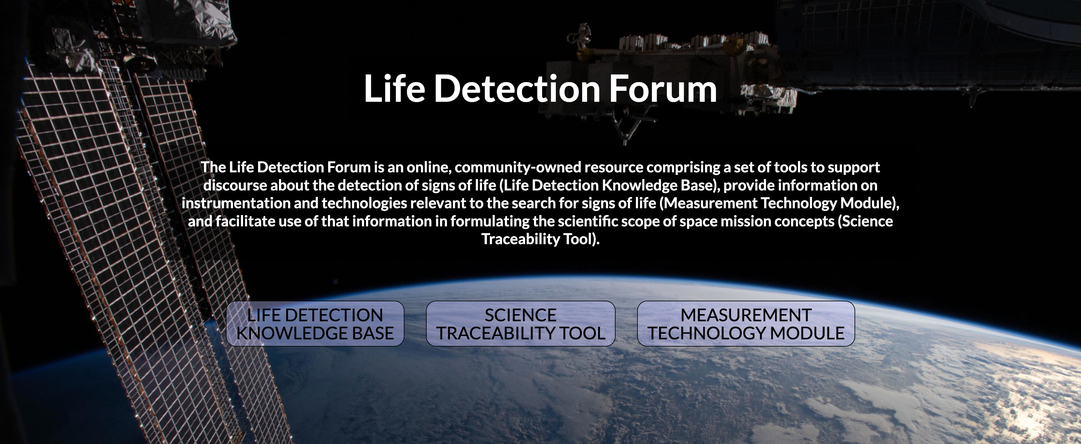 A screenshot of the website for the Life Detection Forum with text above an image of the Earth from the International Space Station.