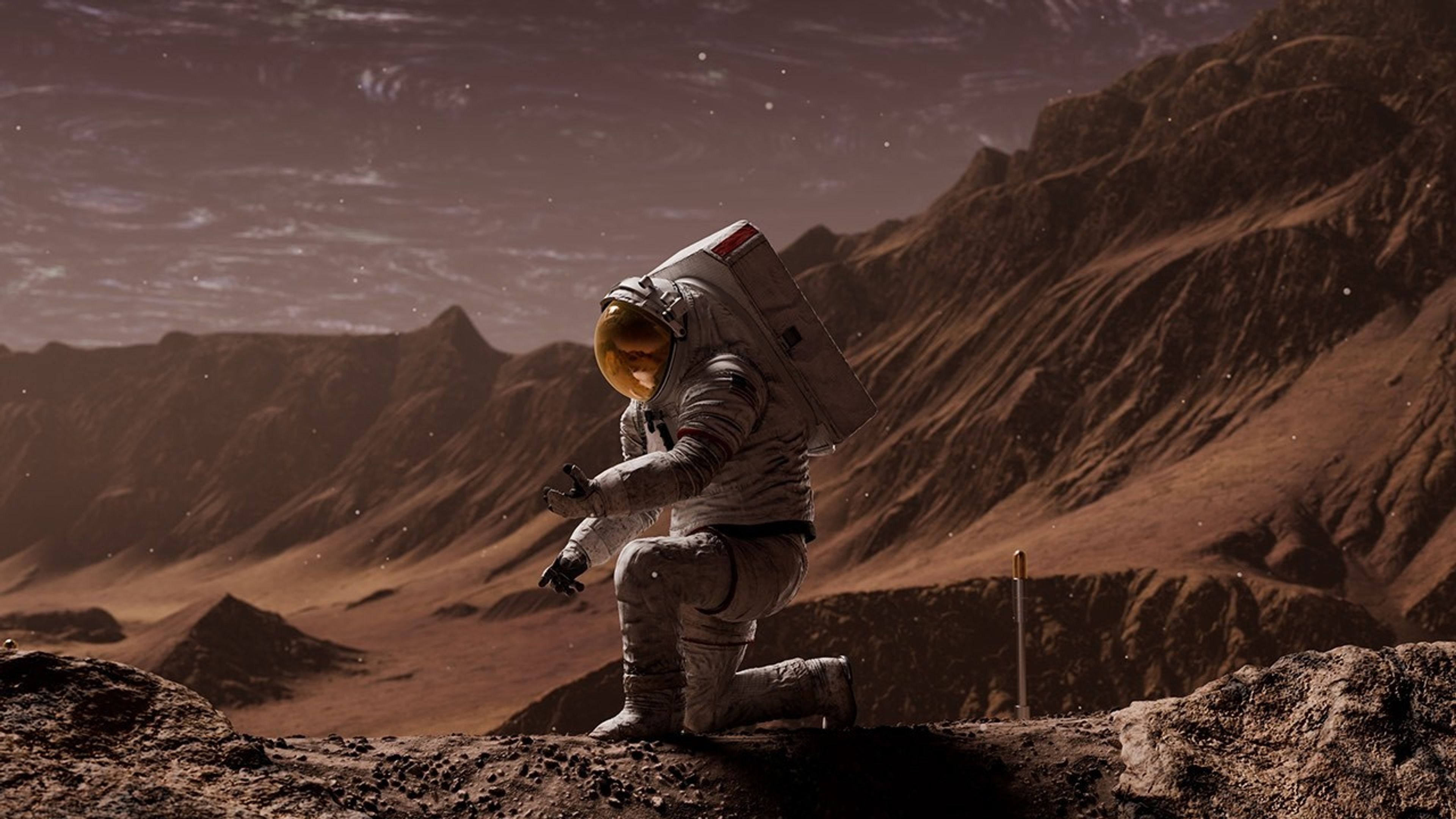 An astronaut on Mars kneeling on a knee. A rod stands vertically on the red Martian soil. Mountains are in the background.