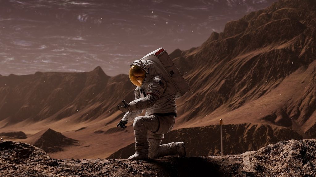 An astronaut on Mars kneeling on a knee. A rod stands vertically on the red Martian soil. Mountains are in the background.