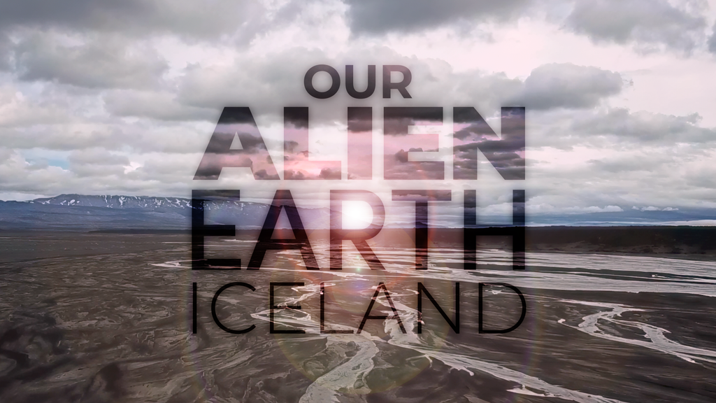 Title image for episode 1 of Our Alien Earth, depicting an aerial view of a flooded plain of volcanic rock in Iceland