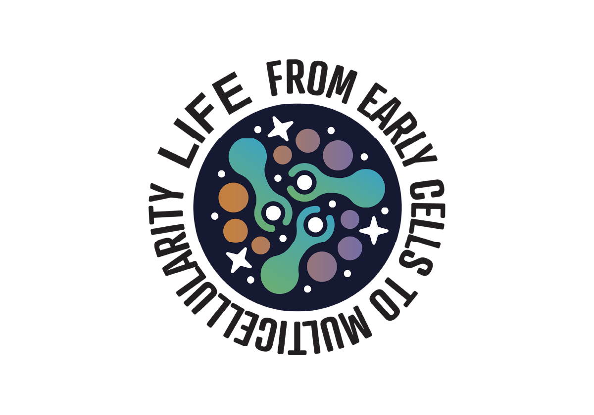 The logo reads "LIFE: Early Cells to Multicellularity" in black text around a dark blue circle. The the circle are simple drawings of white stars, orange and purple circles, and green wrench-like shapes that grab onto white circles in the center of the logo.