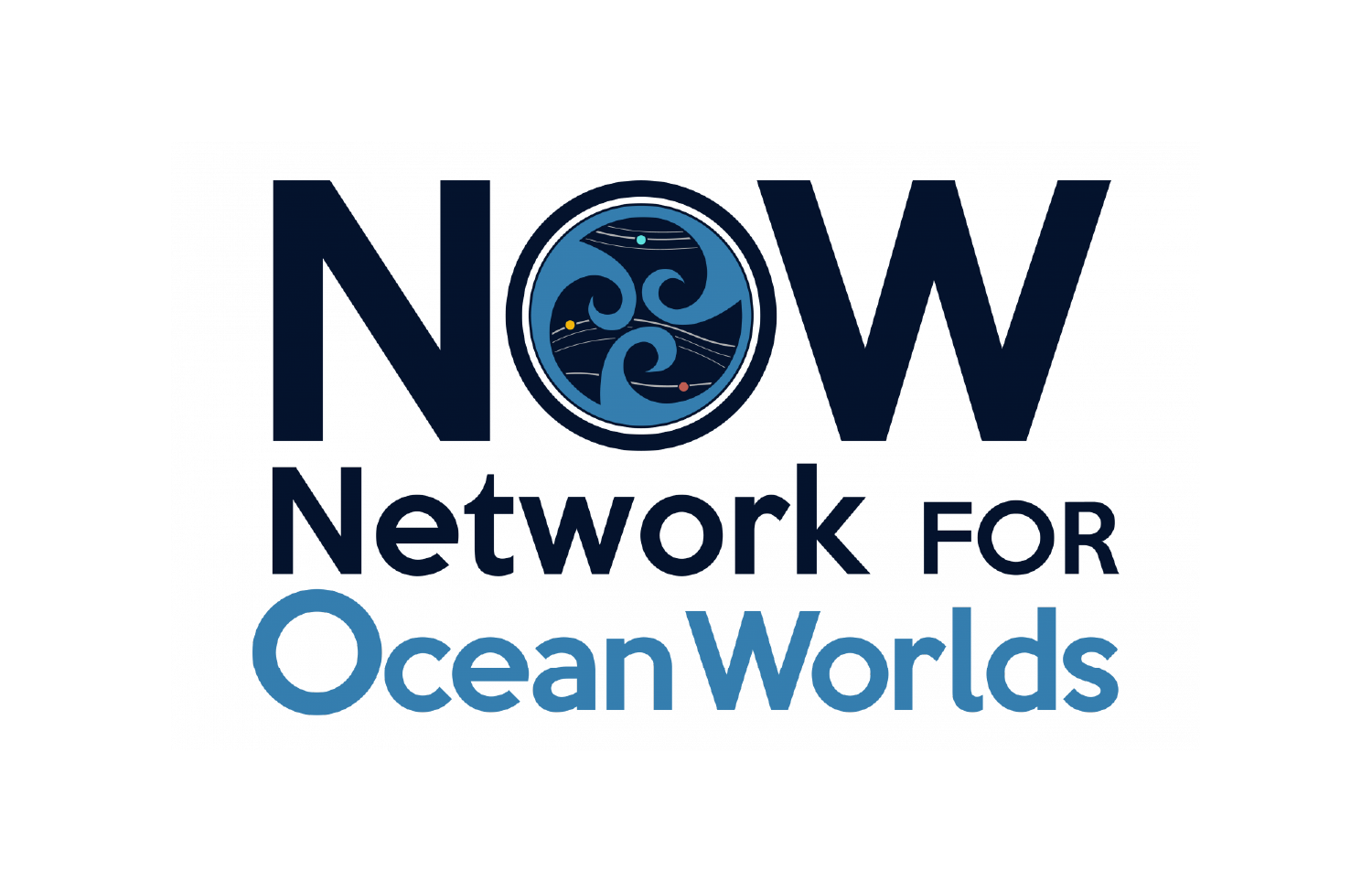 The log is the work NOW in bold dark blue letters. Inside the O are three wave shapes that circle around the inside of the letter. Below the logo reads Network for Ocean worlds on two lines. "Network for" (dark blue), and then "Ocean Worlds" (light blue).