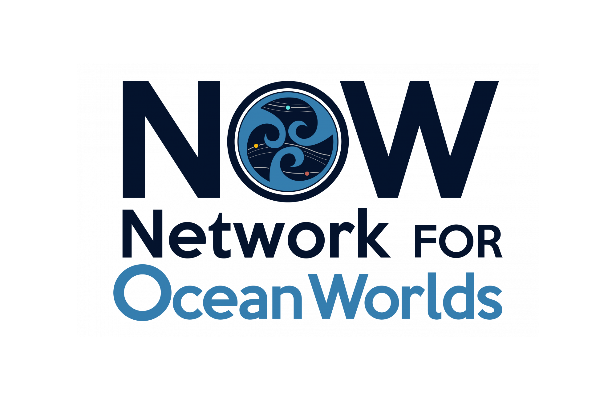 The log is the work NOW in bold dark blue letters. Inside the O are three wave shapes that circle around the inside of the letter. Below the logo reads Network for Ocean worlds on two lines. "Network for" (dark blue), and then "Ocean Worlds" (light blue).