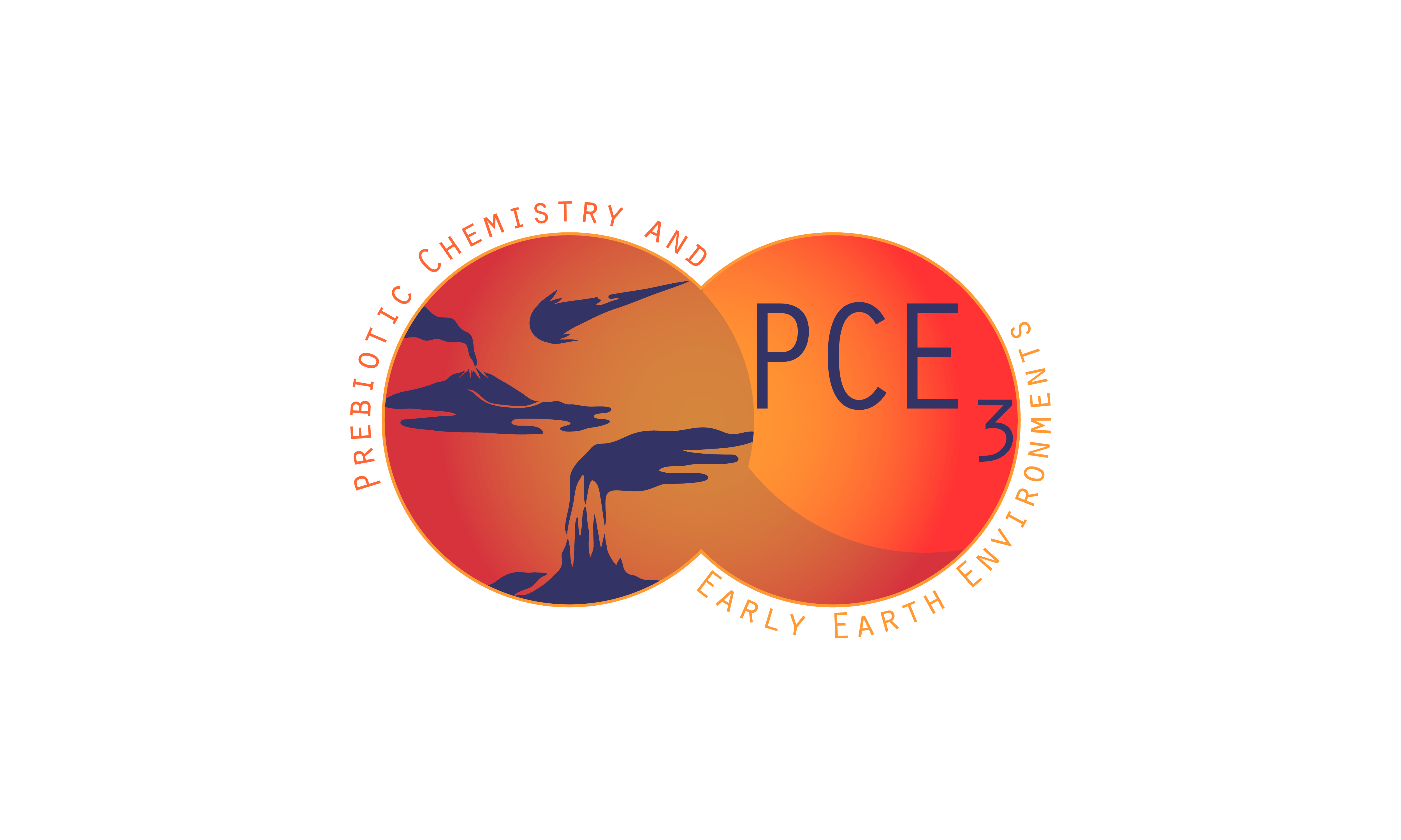 The logo is composed of two orange circles that overlap in the center. Around the edges reads, "Prebiotic Chemistry and Early Earth Environments." Inside the first circle are purple silhouettes of a meteorite heading toward a smoking volcano and a deep see hydrothermal vent. The second circle contains the acronym PCE3 in purple text.