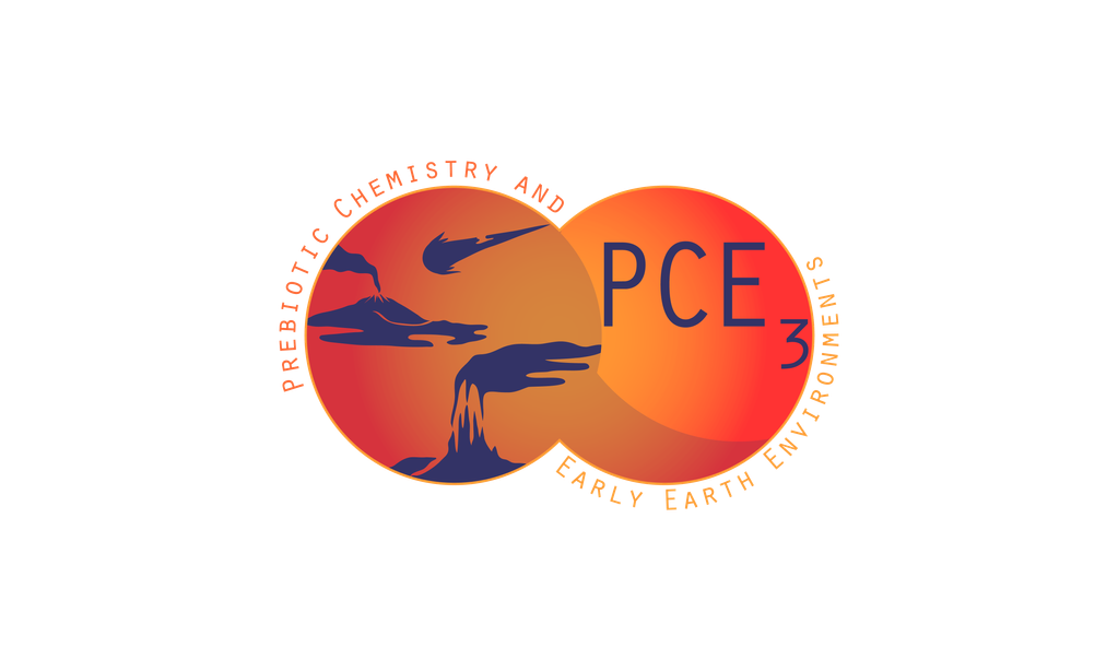 The logo is composed of two orange circles that overlap in the center. Around the edges reads, "Prebiotic Chemistry and Early Earth Environments." Inside the first circle are purple silhouettes of a meteorite heading toward a smoking volcano and a deep see hydrothermal vent. The second circle contains the acronym PCE3 in purple text.