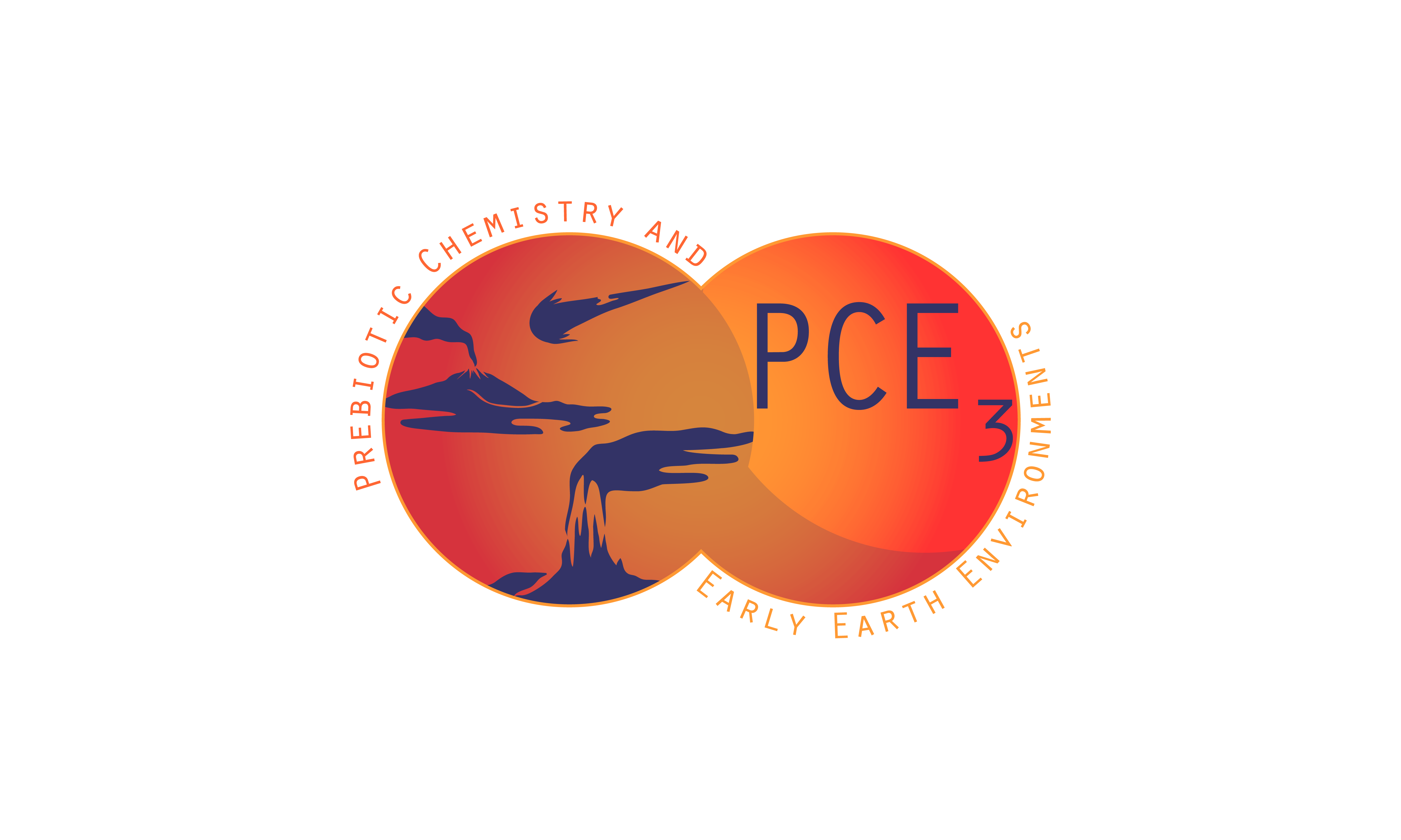 The logo is composed of two orange circles that overlap in the center. Around the edges reads, "Prebiotic Chemistry and Early Earth Environments." Inside the first circle are purple silhouettes of a meteorite heading toward a smoking volcano and a deep see hydrothermal vent. The second circle contains the acronym PCE3 in purple text.