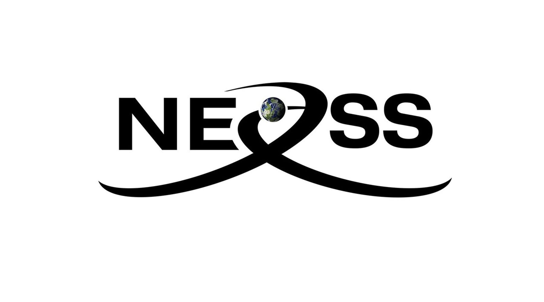 The logo appears in bold black letters reading NExSS. The X is represented by an Earth-like planet in the center with two dark black swooshes around it that create an "X" shape.