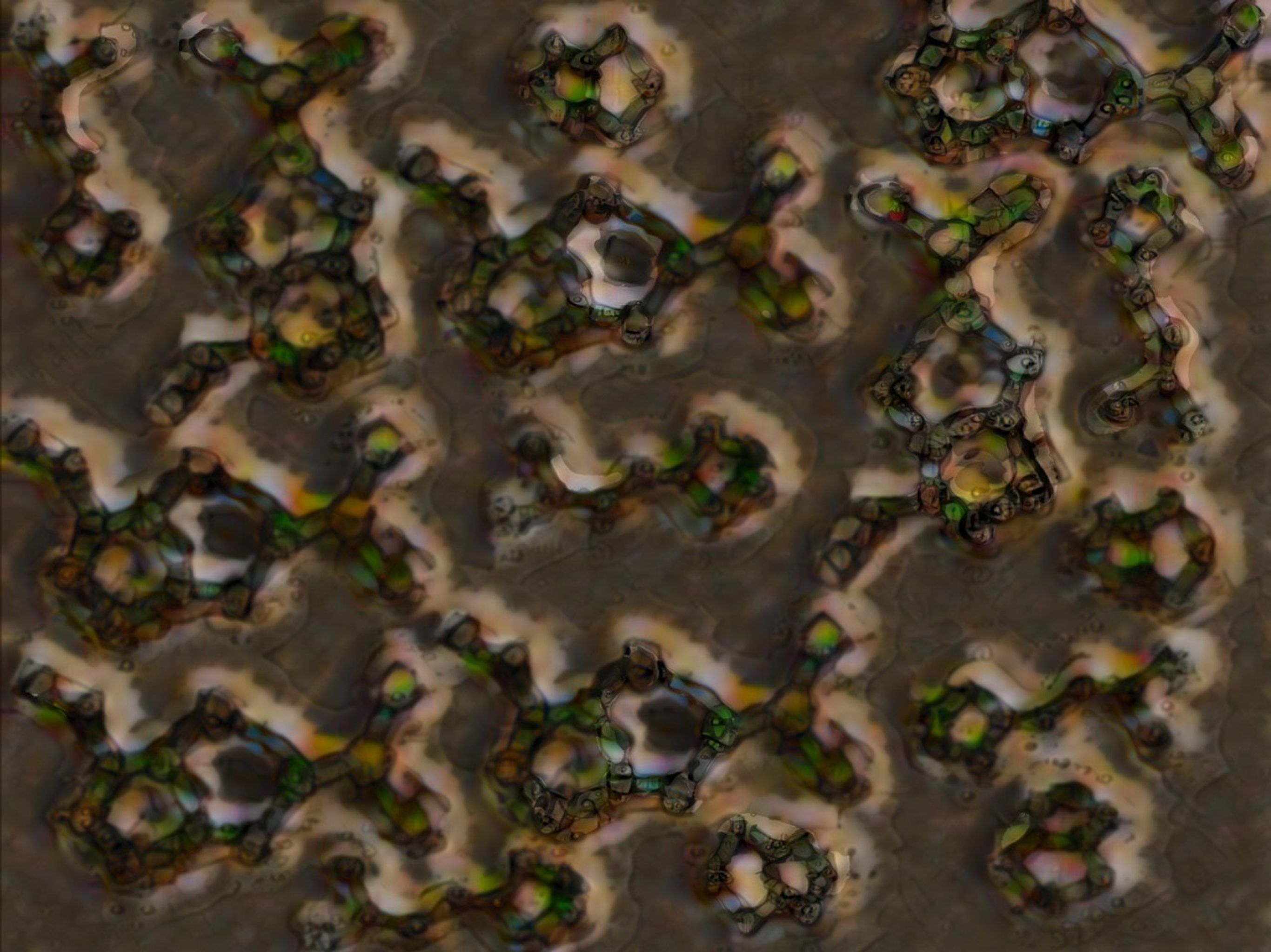 A dimly lit abstract artwork with drawings of molecules represented as lines and dots. Many have six and five carbon rings. The molecules almost look like bits of stained glass pieced together, giving them a crystalline look. They appear as a jumble above a dark brown/grey background.