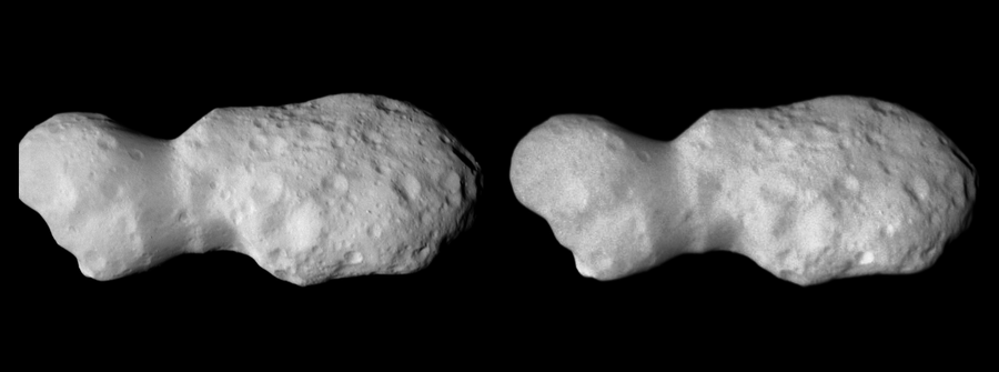 Two side-by-side grayscale images of an irregularly shaped object against a black background. Each has an elongated, peanut-shaped body with a narrower section on the left and wider section on the right. The surface appears rough and cratered with visible light and shadow areas highlighting their textured surfaces.