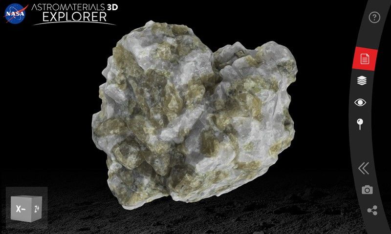 Screenshot of a Moon rock sample with large olive-green grains and light grey patches, in 3D viewer app.