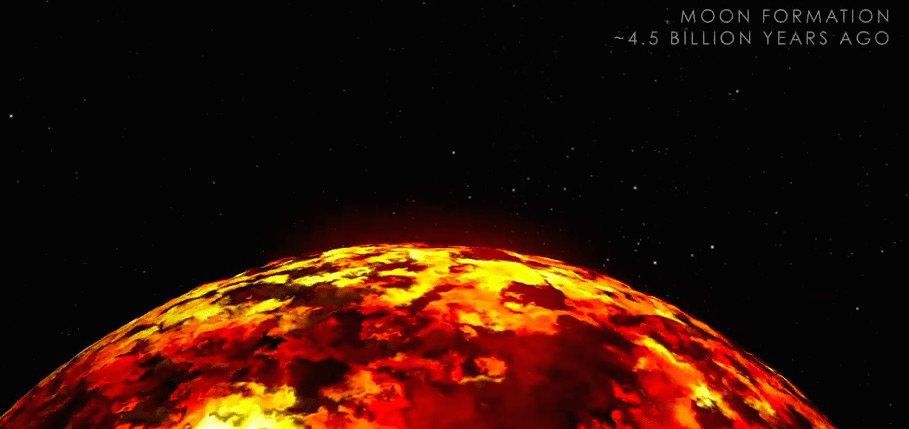 The arc of a planetary body covered in red and yellow magma fills the bottom third of the image against a black background.