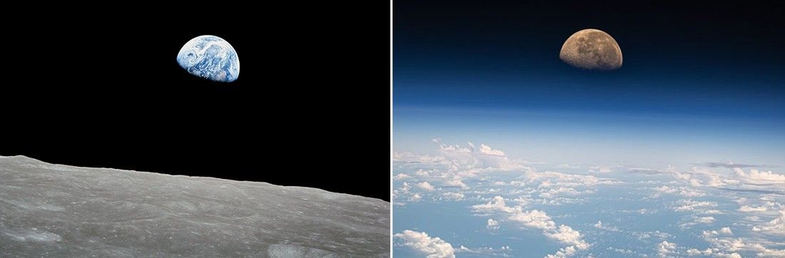 Side by side photos: Left photo is of the barren Moon surface with the blue Earth in the distance. Right photo shows a blue sky above Earth's clouds, with the Moon in the distance.blue Earth against a black sky above the barren lunar surface.