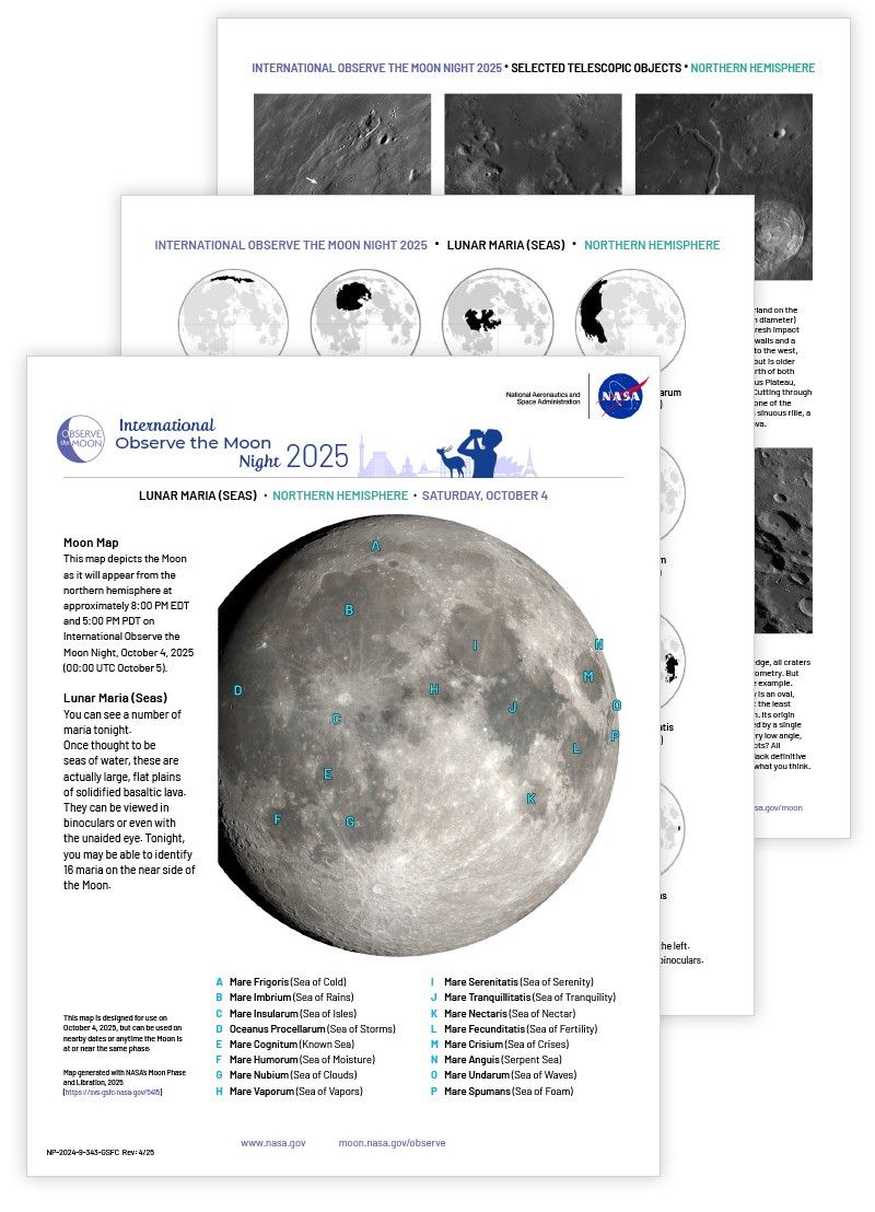 Page previews of Moon Map document: of the Moon with points of interest highlighted for International Observe the Moon Night 2025