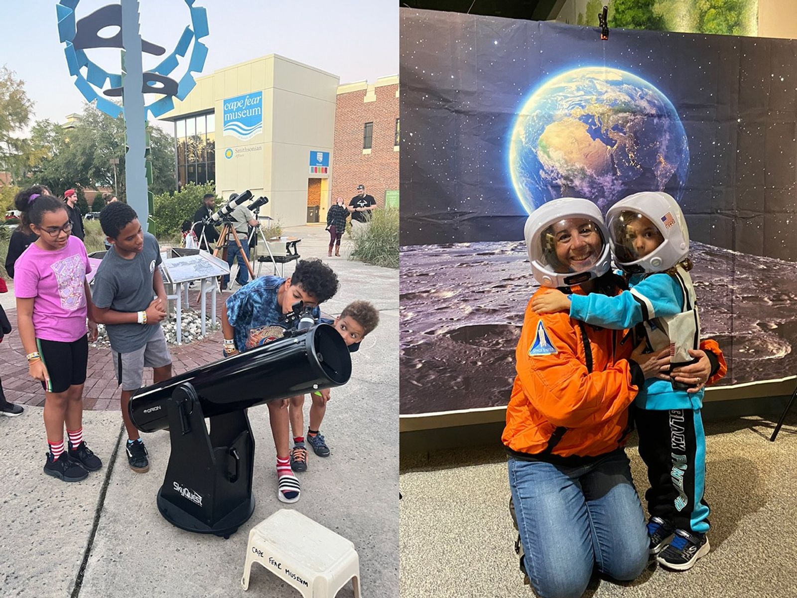 Left: Two children lean over the eyepiece of a large telescope, while two other children look over their shoulders and wait their turns, with Cape Fear museum in the background. Right: Adult (kneeling) and child, wearing prop astronaut helmets, pose in front of a backdrop showing Earth rising over the lunar horizon.