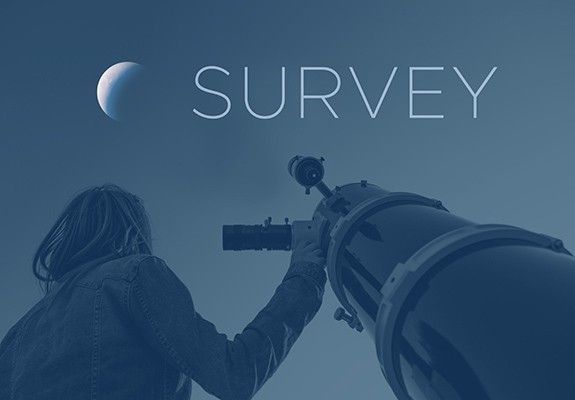 Woman with telescope looking up at night sky with the Moon and the word "Survey."