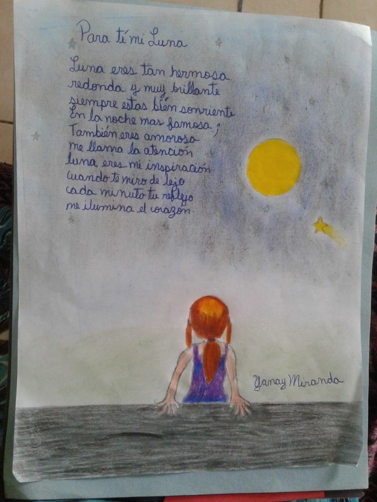Photo of a hand-written poem and drawing submitted for International Observe the Moon Night. The text reads: Para ti mi Luna / Luna eres tan hermosa / redonda y muy brillante / siempre estas bien sonriente / En la noche mas famosa; / Tambien eres amorosa / me llama la atencion / luna eres mi inspiracion / cuando te miro de lejo / cada minuto tu reflejo / me ilumina el corazon. The picture shows a person with a long ponytail facing away, observing the Moon.