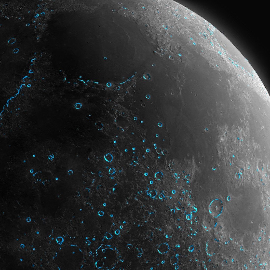 Satellite image of the Moon with visualization of blue areas.