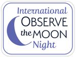 Front side of sticker: The words "International Observe the Moon Night" are written to the right of a purple waning crescent moon.