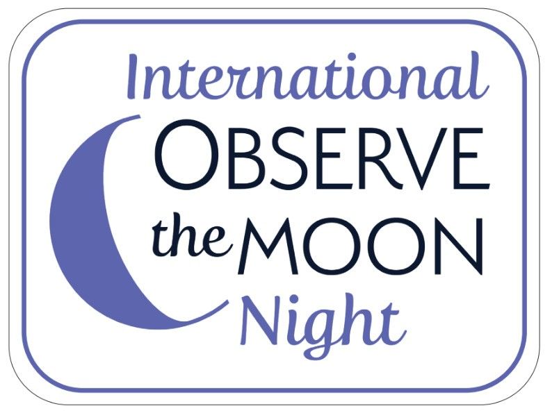 The words "International Observe the Moon Night" are written to the right of a purple waning crescent moon.
