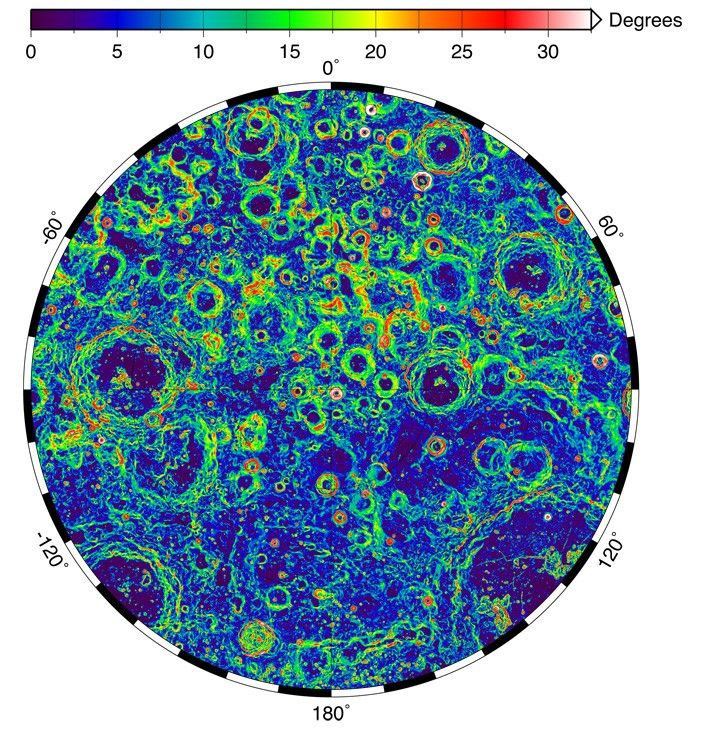 Data visualization of swirls of green and blues of the surface slopes at the Moon's south pole.