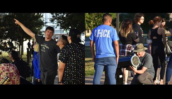 Composite of 2 photos: Left photo is of a person pointing to the sky while talking to 2 people. Right photo is a person standing over a large telescope in which a person is looking into; a small group of people stand in the distance.