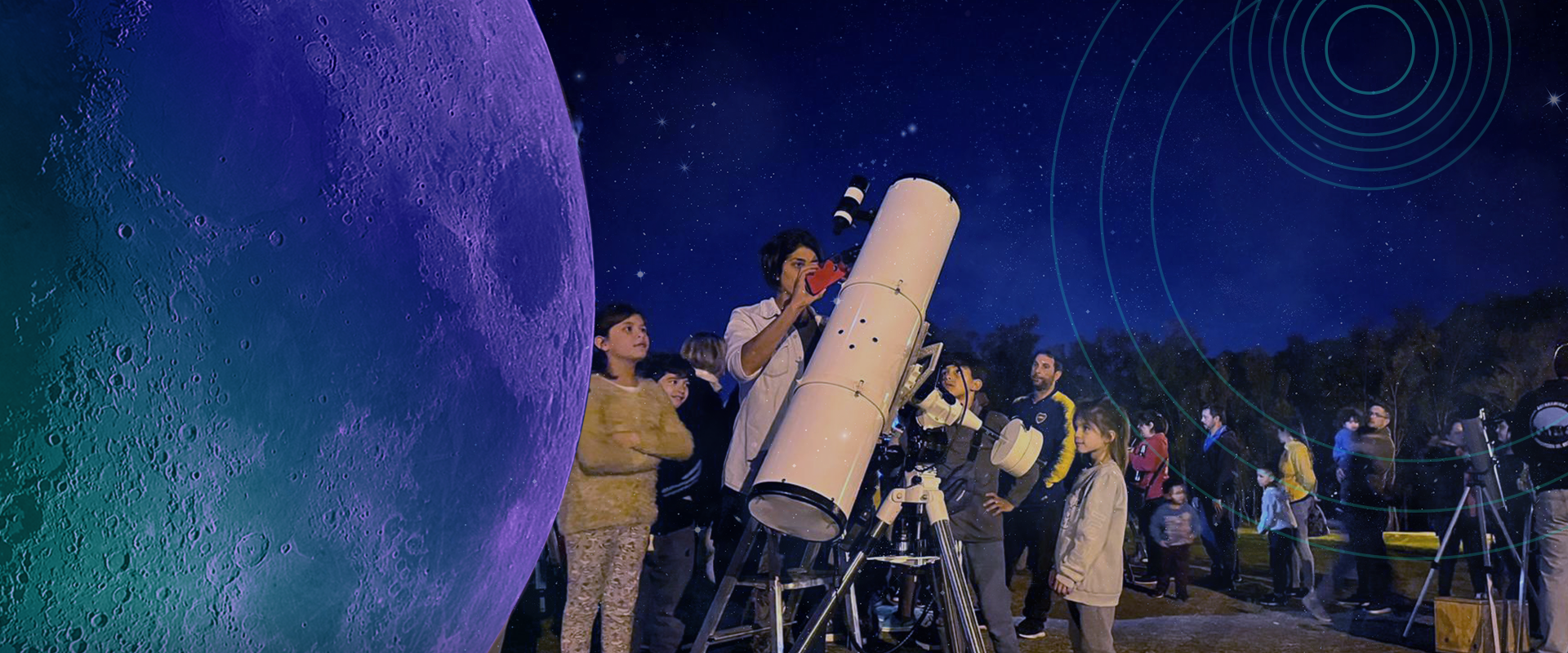 Composite of a photo of group of people outdoors at night. In the foreground, a woman stand near a large telescope and holds her phone camera to the eyepiece as some kids stand an watch. An image of the Moon and also swirling lines are overlaid over the photo.