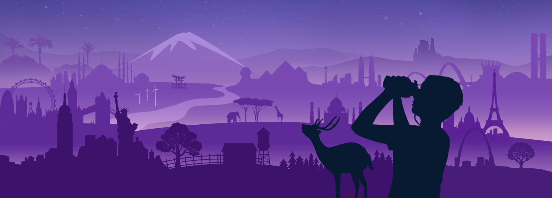 Illustration of imagined landscape with world landmarks, silhouette of a boy looking up at the sky with binoculars.