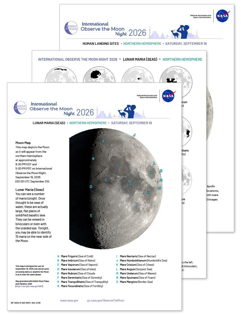 Page previews of Moon Map document: of the Moon with points of interest highlighted for International Observe the Moon Night 2026